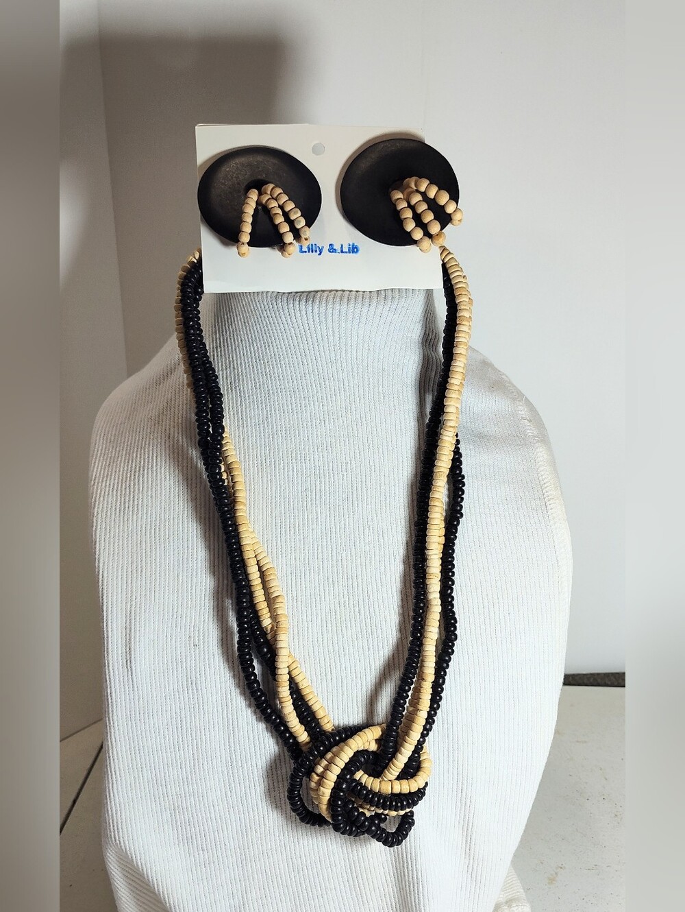 Black and Natural Wood Beaded Knot Necklace and Earring Set
